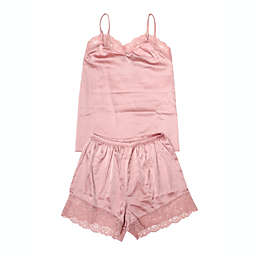 Allegra K Women's Satin Sexy Lingerie Lace Trim Cami Tops Pajama Sets, M Pink