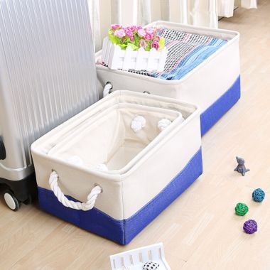 Unique Bargains Collapsible Fabric Storage Basket Bins with Dual Handles, Foldable Toy Bins for Laundry Clothes Storage, Reusable Organizer for Bedroom Office Closet Shelves Royal Blue+White Medium. View a larger version of this product image.