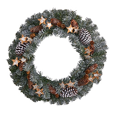 Nearly Natural 24"D Christmas Winter Decorative Frosted Stars and Pinecones Holiday Wreath. View a larger version of this product image.