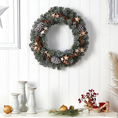 Nearly Natural 24"D Christmas Winter Decorative Frosted Stars and Pinecones Holiday Wreath. View a larger version of this product image.