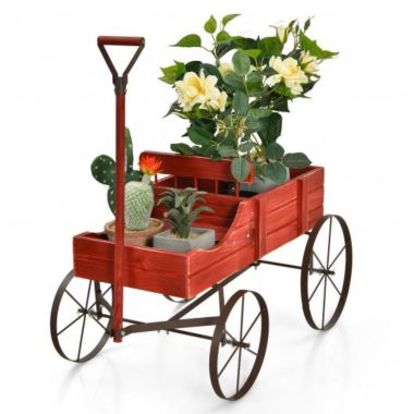 Wooden Wagon Plant Bed With Wheel for Garden Yard-Red. View a larger version of this product image.