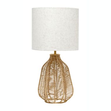 Lalia Home 21" Vintage Rattan Wicker Style Paper Rope Bedside Table Lamp With Light Beige Fabric Shade, Natural. View a larger version of this product image.