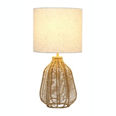 Lalia Home 21" Vintage Rattan Wicker Style Paper Rope Bedside Table Lamp With Light Beige Fabric Shade, Natural. View a larger version of this product image.