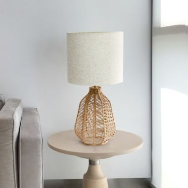 Lalia Home 21" Vintage Rattan Wicker Style Paper Rope Bedside Table Lamp With Light Beige Fabric Shade, Natural. View a larger version of this product image.