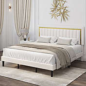 Homfa Full Size Adjustable Headboard with Gold Striped Platform Bed Frame White