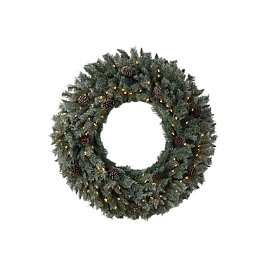 Nearly Natural 4&#39;D Large Flocked Artificial Christmas Wreath with Pinecones, 150 Clear LED Lights and 360 Bendable Branches. View a larger version of this product image.
