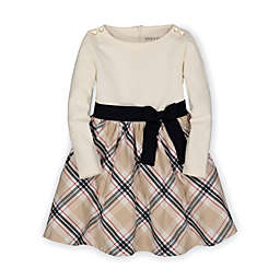 Hope & Henry Girls' Skater Dress with Waist Sash (Ivory with Classic Tan Plaid, 3)