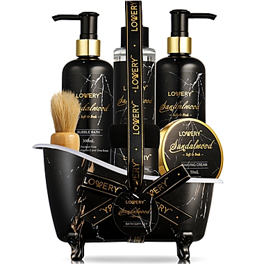Deluxe Sandalwood Spa Basket for Men, Gold Marble Selfcare Grooming Kit. View a larger version of this product image.