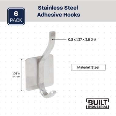 Built Industrial 6 Pack Double Post Adhesive Wall Hooks, Heavy Duty Stainless Steel for Hanging Towel Coat Hat (3.6 in). View a larger version of this product image.