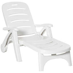 Outsunny Outdoor Folding Chaise Lounge Chair on Wheels, Patio Sun Lounger Recliner & 5-Position Backrest for Garden, Beach, Pool, White