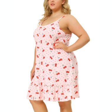 Agnes Orinda Women's Plus Size Sleep Dress Suspender Fruit Ruffle Hem Above the Knee Nightgown, Polyester Sleepwear Sleepshirt Nightdress Loose Fit Gown Dress, Pink, 2X. View a larger version of this product image.