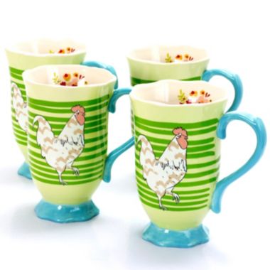 Urban Market Life on the Farm 4 Piece 14 Ounce Durastone Footed Rooster Tea Cup Set in Green Stripes. View a larger version of this product image.