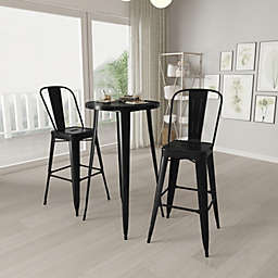 Merrick Lane Pasadena 3 Piece Outdoor Dining Set with Bar Height Table and Stools in Black