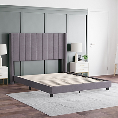 Emma and Oliver Margit Gray Velvet Upholstered Queen Platform Bed with Vertical Channel Stitch Detail and Engineered Wood Frame - No Box Spring Required. View a larger version of this product image.
