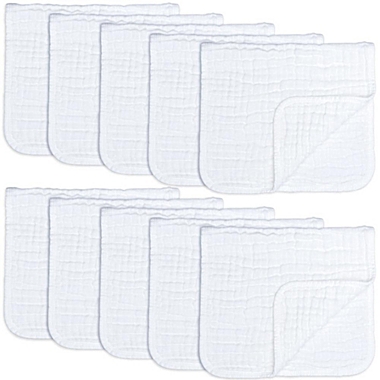 Muslin Burp Cloths 10 Pack Large 100% Cotton Hand Washcloths 6 Layers Extra Absorbent and Soft by Comfy Cubs(White, Pack of 10). View a larger version of this product image.