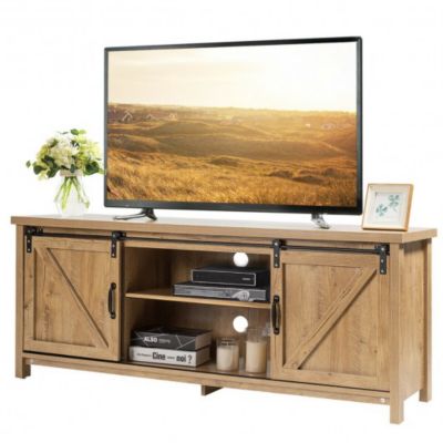 Details about   70" Farmhouse Wood TV Stand with Glass Doors 