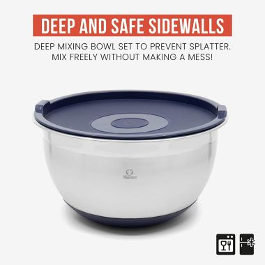 Chef Pomodoro Stainless Steel Mixing Bowls with Lids, 3 Piece Set (1.5Qt, 3Qt, 5Qt) Navy. View a larger version of this product image.