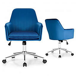 Costway Velvet Accent Office Armchair with Adjustable Swivel and Removable Cushion-Blue