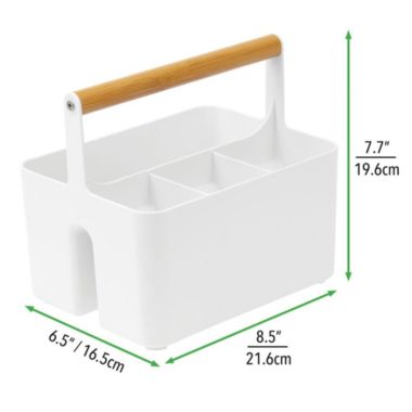 mDesign Plastic Kitchen Tote, Divided Basket Bin with Wood Handle. View a larger version of this product image.