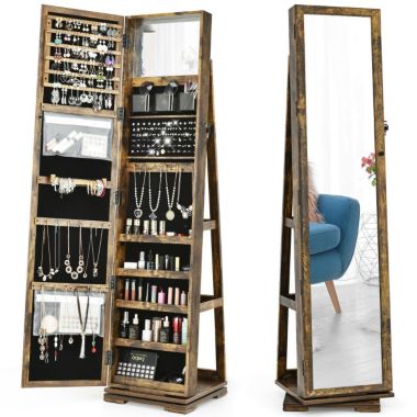 Slickblue 360Â° Rotatable Armoire 2-in-1 Lockable Mirrored Jewelry Cabinet-Rustic Brown. View a larger version of this product image.