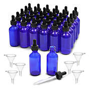 Juvale 30 Count 2 oz Blue Glass Dropper Bottles and 6 Funnels (60 ml, 36 Pieces)