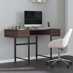 Merrick Lane Bridgewater Dark Ash Wood Grain Computer Desk with Black Metal Offset Legs and Frame and Two Drawers with Black Pulls
