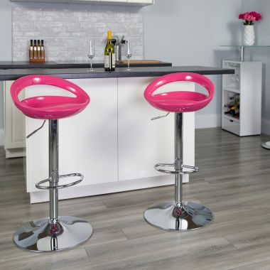 Flash Furniture Dash Contemporary Pink Plastic Adjustable Height Barstool with Rounded Cutout Back and Chrome Base. View a larger version of this product image.