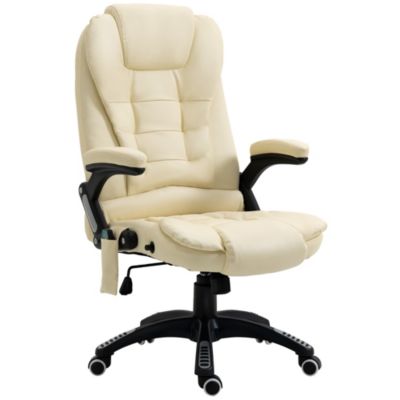 HomCom High Back Executive Massage Office Chair Faux Leather Heated Reclining Desk Chair with 6 Point Vibration, Adjustable Height, Cream White