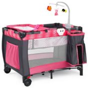 Hivago Foldable Travel Baby Crib Playpen Infant Bassinet Bed with Carry Bag-Pink