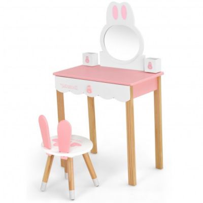 Costway Kids Vanity Set Rabbit Makeup Dressing Table Chair Set with Mirror and Drawer-Pink