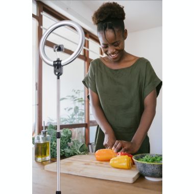 Daylight Aura Ring Floor Lamp - U35450 - LED - 90+ CRI - Social Media Streaming - Video and Content Creation - Adjustable Height - Phone Holder - Carrying Case. View a larger version of this product image.