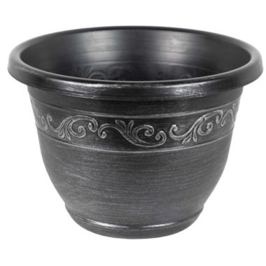 Garden Elements Outdoor Tulip Banded Plastic Planter, Silver, 13". View a larger version of this product image.