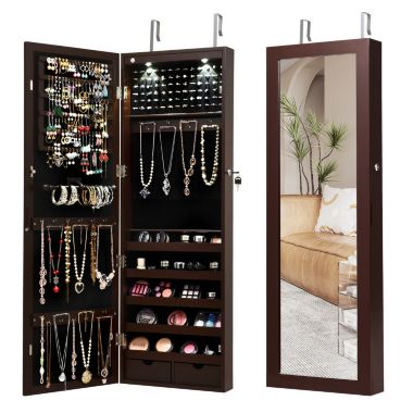 Hivago Lockable Wall Mount Mirrored Jewelry Cabinet with LED Lights-Brown. View a larger version of this product image.