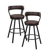 Lazzara Home Avignon 40.5 in. Mottled Silver Low Back Metal Frame Swivel Bar Stool with Brown Faux Leather Seat (Set of 2)