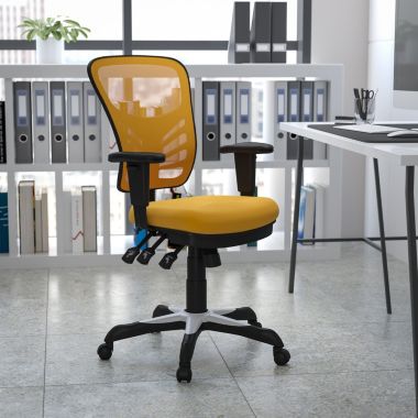 Flash Furniture Nicholas Mid-Back Yellow-Orange Mesh Multifunction Executive Swivel Ergonomic Office Chair with Adjustable Arms. View a larger version of this product image.