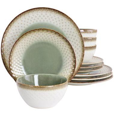Gibson Elite Habit Hill 12 Piece Stonewarre Dinnerware Set in Green. View a larger version of this product image.