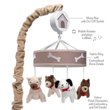 Lambs & Ivy Bow Wow Beige Dogs/Puppies Musical Baby Crib Mobile Soother Toy. View a larger version of this product image.