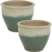 Sunnydaze Chalet Outdoor/Indoor High-Fired Glazed UV and Frost-Resistant Ceramic Flower Planter with Drainage Holes - 12" Diameter - Seafoam - 2-Pack