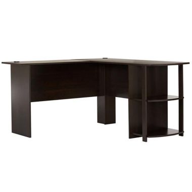 Stock Preferred L-Shaped Wood Right-angle Computer Desk with Two-layer Bookshelves in Dark Brown. View a larger version of this product image.