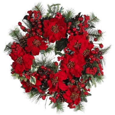 Nearly Natural Poinsettias, Pinecones and Berries Artificial Christmas Wreath, 24-Inch, Unlit. View a larger version of this product image.