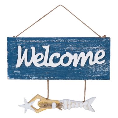 Blue Distressed Wood Mermaid Welcome Plaque Wall Sign Coastal Home Decoration. View a larger version of this product image.