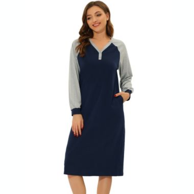 cheibear Women's Loungewear Pajamas, Soft One Piece Nightshirt Long Sleeves V-neck Button Up Dress Nightgown, Blue L. View a larger version of this product image.
