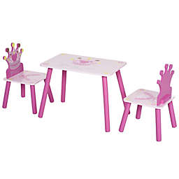 Qaba 3-Piece Kids Wooden Table and Chair Set with Crown Pattern Gift for Girls Toddlers Arts Reading Writing Age 3 Years+ Pink