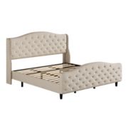 Idealhouse Home Decorative Beige Metal Frame Queen Platform Bed With Velvet Upholstered Headboard And Footboard