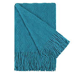 PiccoCasa 100% Acrylic Knit Throw Blanket with Tassels for Couch, Bed, Sofa, Travel, Solid Soft Rectangle Lightweight Sofa Throw Couch Cover Knitted Decors Blanket, Pacific Blue, 50