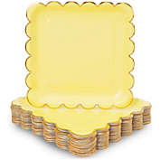 Sparkle and Bash Pastel Yellow Square Paper Plates, Gold Foil Scalloped Edge (9 In, 48 Pack)