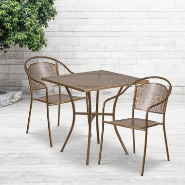 Flash Furniture Oia Commercial Grade 28" Square Gold Indoor-Outdoor Steel Patio Table Set with 2 Round Back Chairs. View a larger version of this product image.