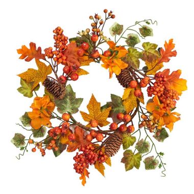 Nearly Natural 6.5"D Thanksgiving Party Decorative Autumn Hydrangea and Pinecones Artificial Wreath - Set of 2. View a larger version of this product image.