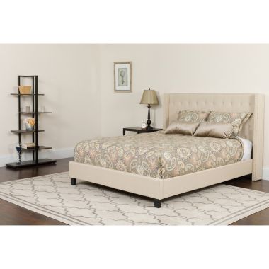 Flash Furniture Riverdale Full Size Tufted Upholstered Platform Bed in Beige Fabric with Pocket Spring Mattress. View a larger version of this product image.