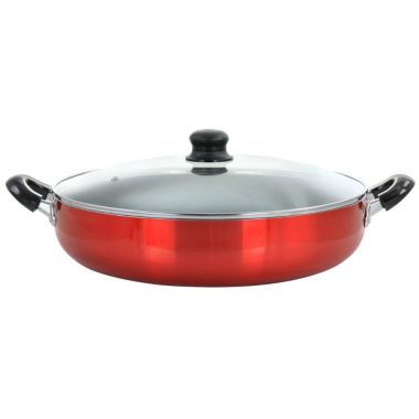 Better Chef 14 Inch Red Aluminum Deep Fryer Pan with Glass Lid. View a larger version of this product image.